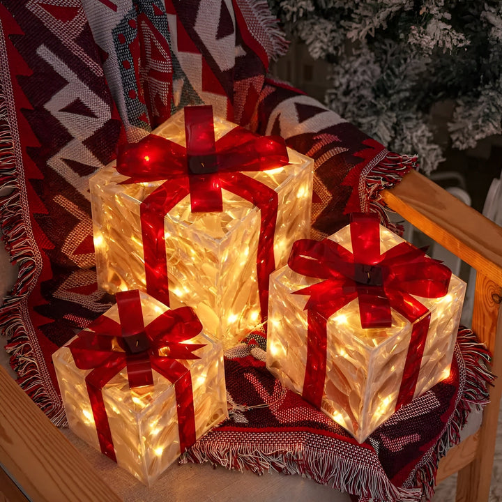 Bright gift boxes in a set of 3 – Transparent Christmas decoration with red ribbons | For indoors & outdoors | Stornfield