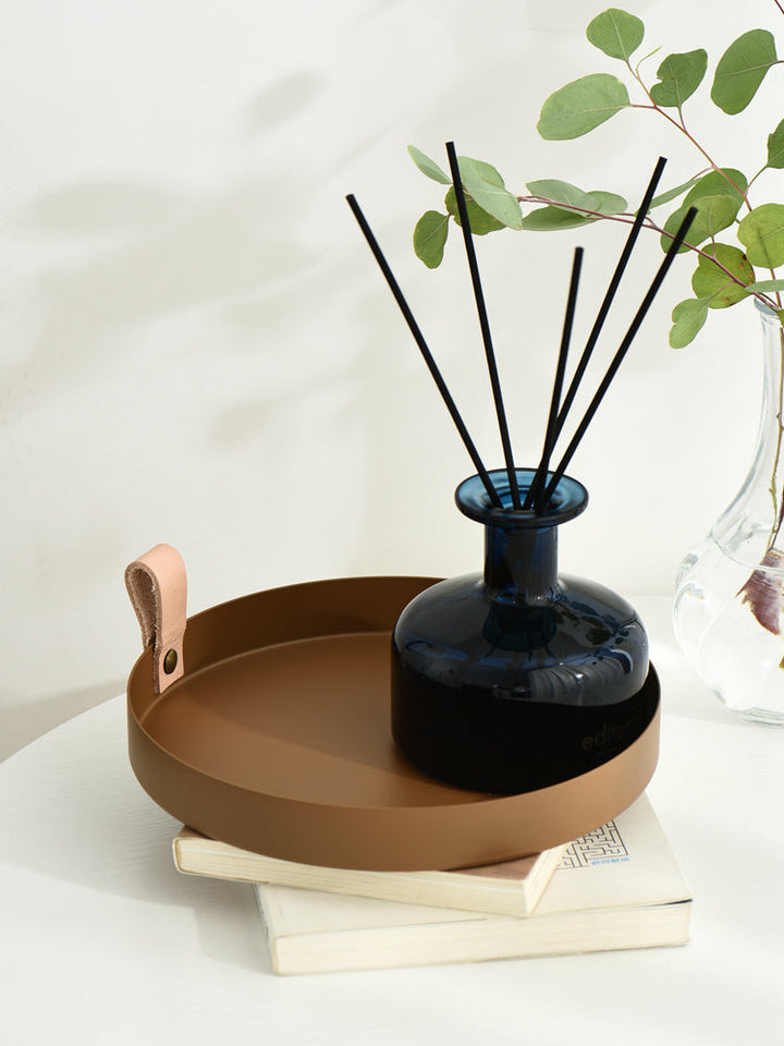Stornfield | Nordic Style Wrought Iron Round Tray with Leather Handle Color Storage Plate Water Glass Plate Home Decoration