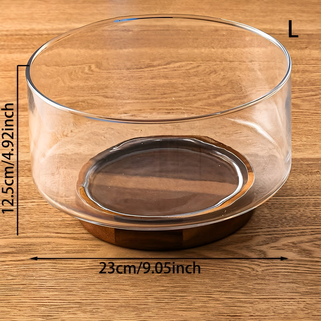 Glass bowl with wooden base – Elegant and decorative | Perfect for fruit, snacks, and salads in the kitchen | Stornfield