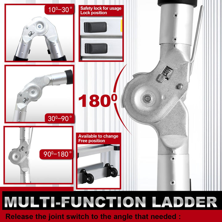 5M Aluminum Telescopic Ladder Folding Ladder with Wheels and Triangle Stabilizer | Stornfield