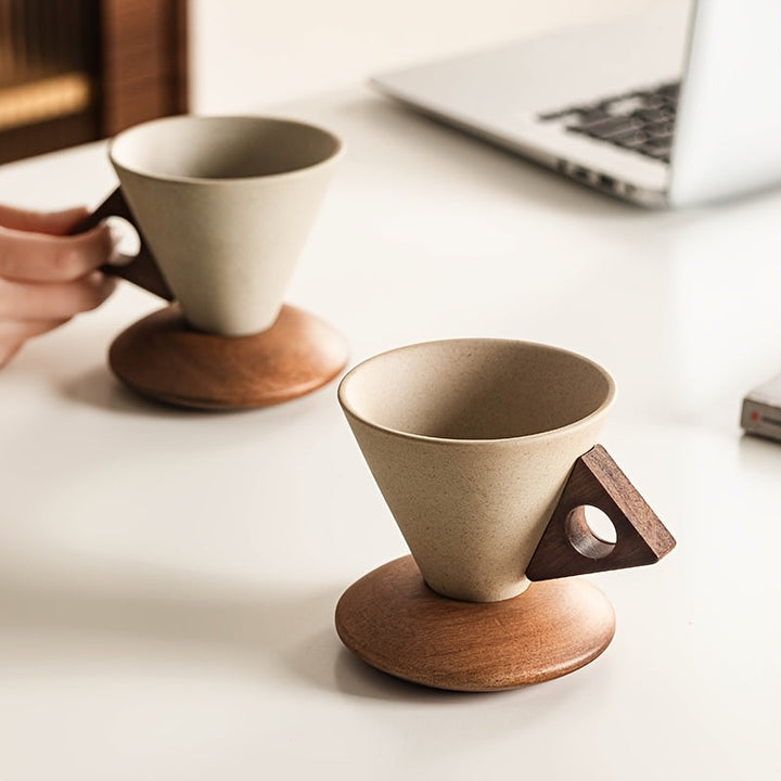 BaristaLuxe Ceramic Coffee Mug 250ml – Handcrafted with Wooden Handle and Saucer | Stornfield