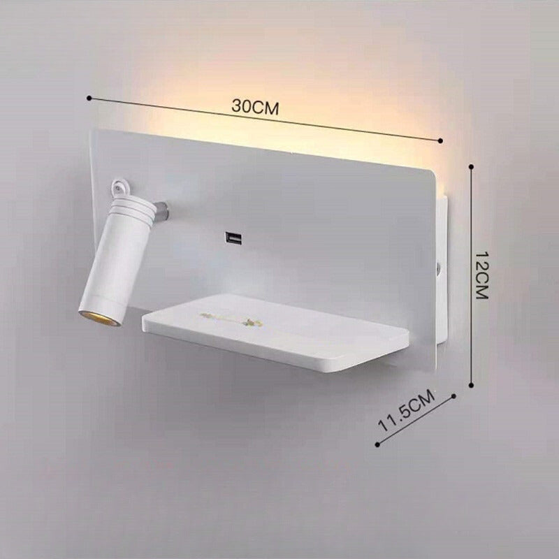 Modern LED wall lamp with USB connection, wall lamp with shelf for bedroom & office | Stornfield
