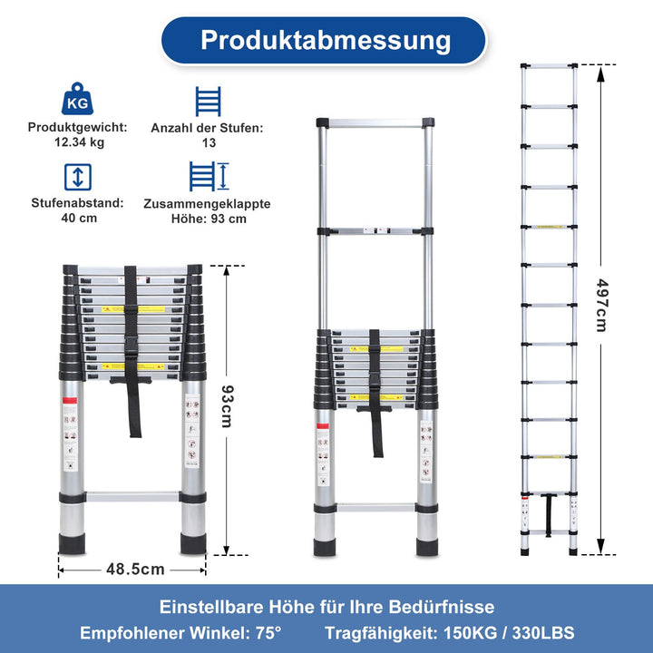 Telescopic Ladder Aluminum Load capacity up to 150kg 2.6m-5m | Stornfield