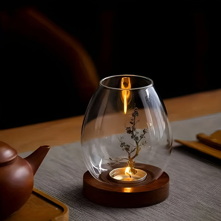 2-piece set glass candle holders with wooden base - decorative in retro zen style | perfect for living room, taStornfielde decoration and outdoor | Stornfield