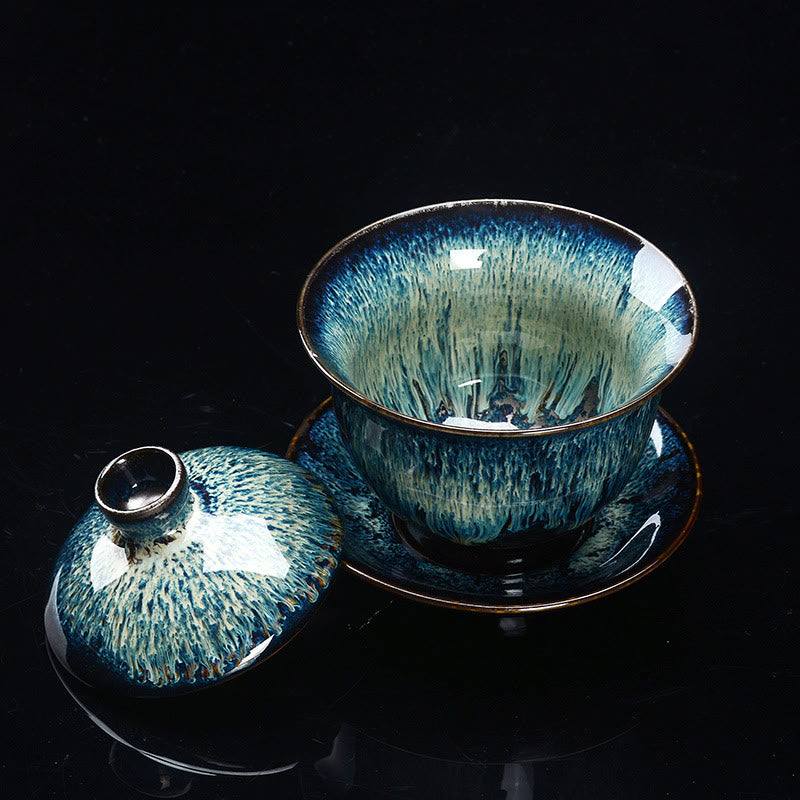 Stornfield | Vintage Sancai Ceramic Teacup with Lid and Saucer