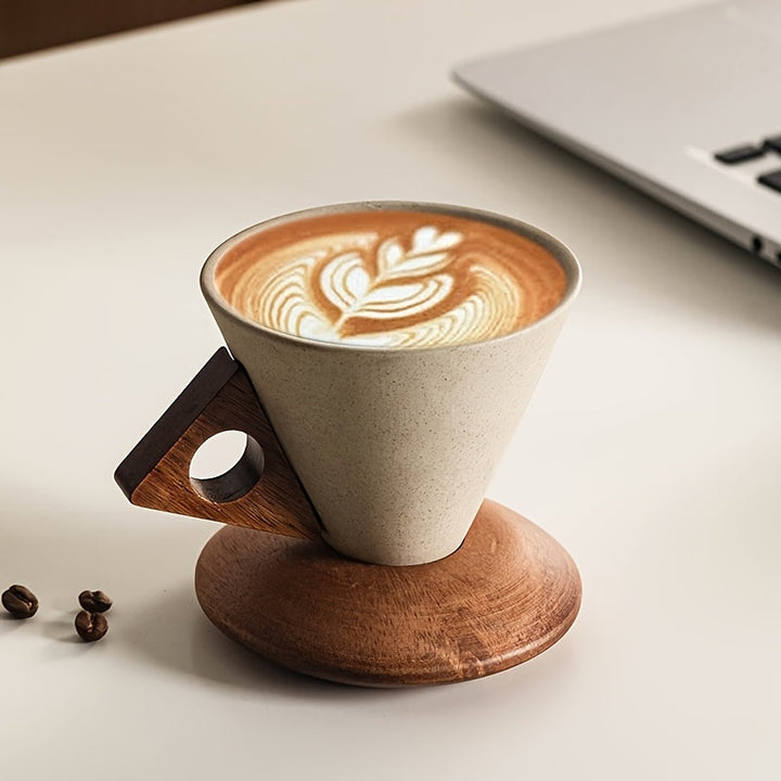 BaristaLuxe Ceramic Coffee Mug 250ml – Handcrafted with Wooden Handle and Saucer | Stornfield