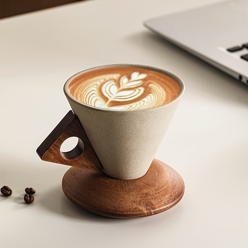 BaristaLuxe Ceramic Coffee Cup 250ml – Handmade with Wooden Handle and Coaster | Stornfield