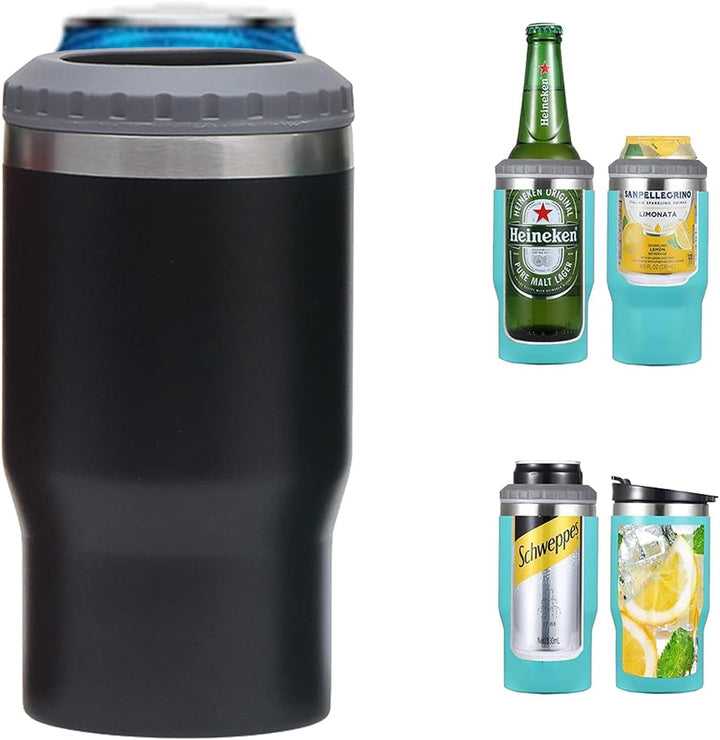 Stornfield | 4-in-1 Stainless Steel Can/Bottle Thermos, 14 Oz Dual-Purpose Lid, Insulated SUS Can Cooler, Beer Bottle Holder (Black)