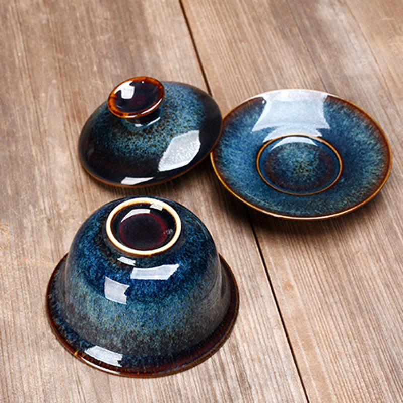 Stornfield | Vintage Sancai Ceramic Teacup with Lid and Saucer