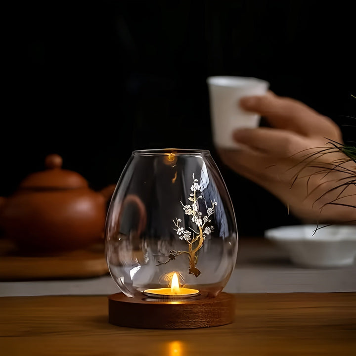 2-piece set glass candle holders with wooden base - decorative in retro zen style | perfect for living room, taStornfielde decoration and outdoor | Stornfield