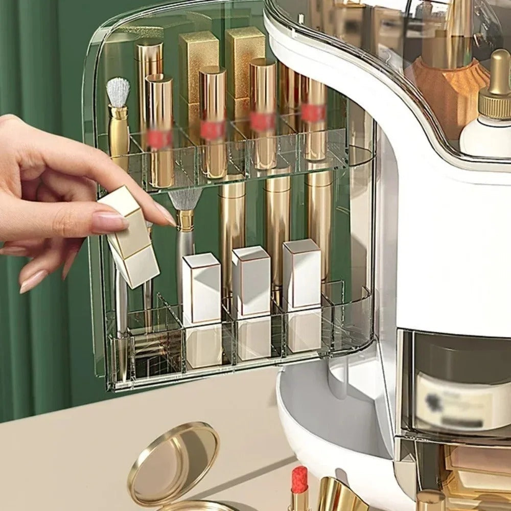 Luxury Transparent Makeup Organizer with Rotating Doors and Drawers | Stornfield