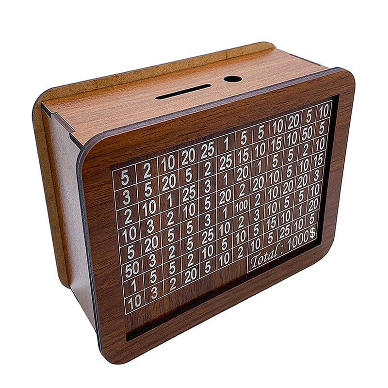 Wooden money box with engraved figures | Stornfield