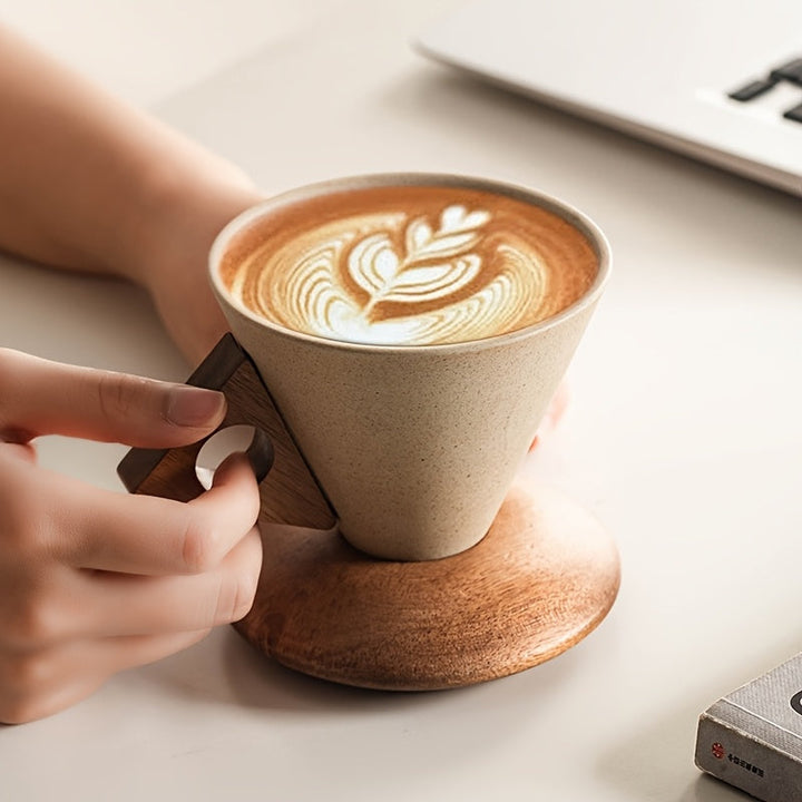 BaristaLuxe Ceramic Coffee Mug 250ml – Handcrafted with Wooden Handle and Saucer | Stornfield