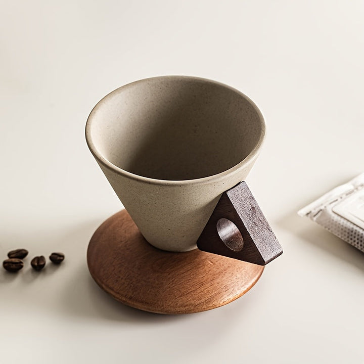 BaristaLuxe Ceramic Coffee Mug 250ml – Handcrafted with Wooden Handle and Saucer | Stornfield
