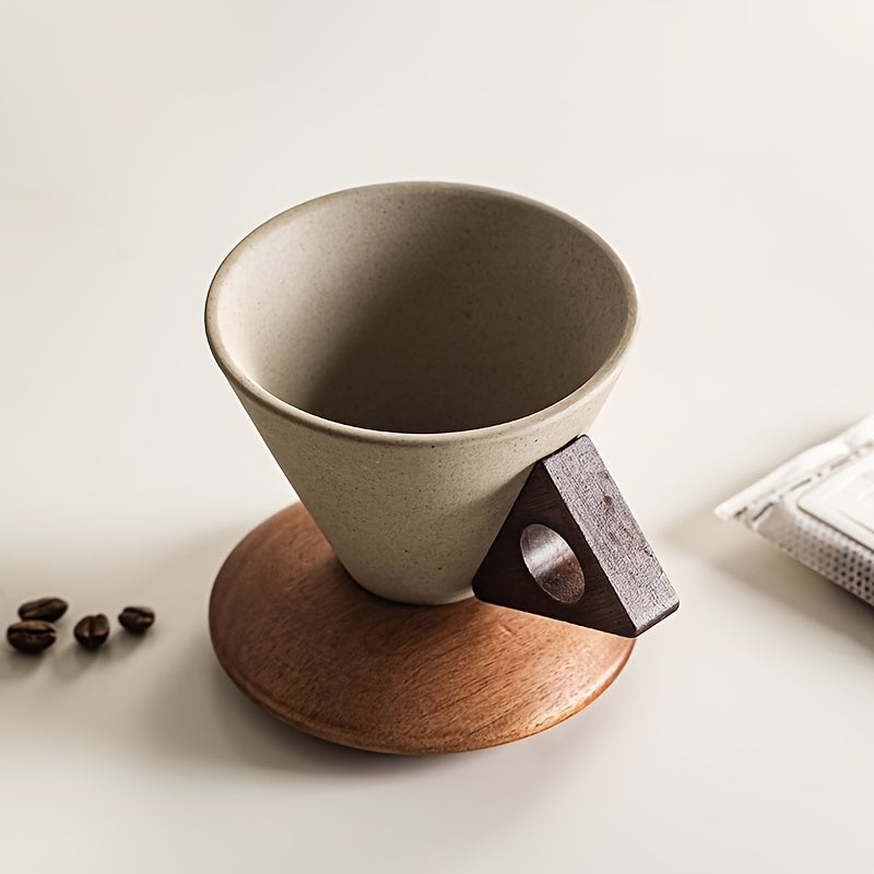 BaristaLuxe Ceramic Coffee Cup 250ml – Handmade with Wooden Handle and Coaster | Stornfield