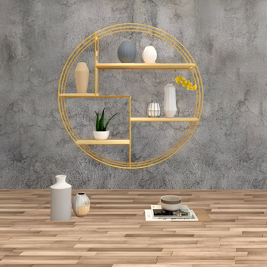 Round Wall Shelf with 4 Levels – Retro Design made of Wood & Metal | Decorative Hanging Shelf for Living Room, Bathroom & Bedroom | Stornfield