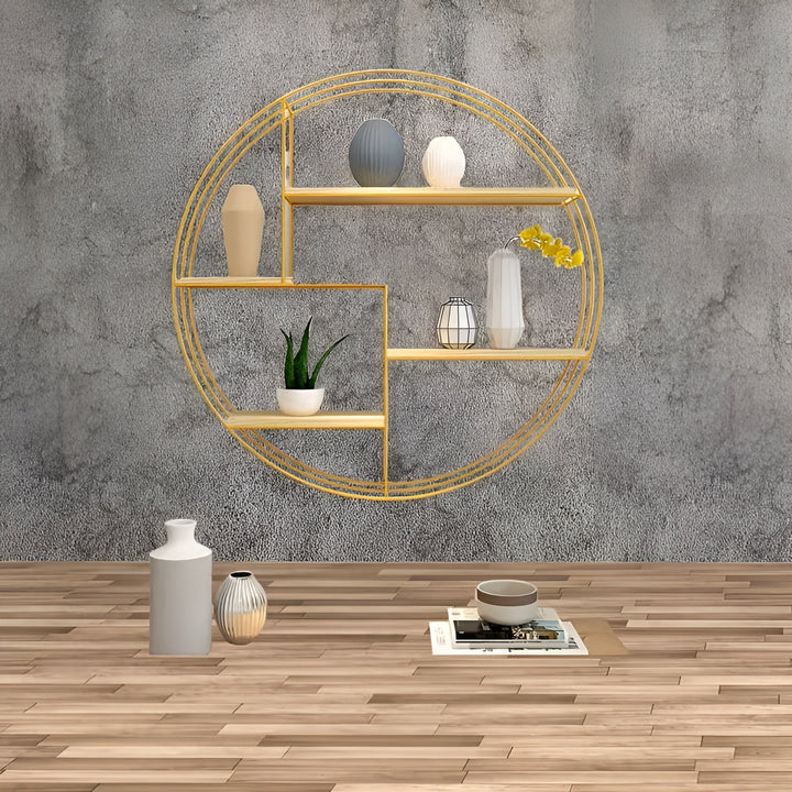 Round Wall Shelf with 4 Levels – Retro Design made of Wood & Metal | Decorative Hanging Shelf for Living Room, Bathroom & Bedroom | Stornfield