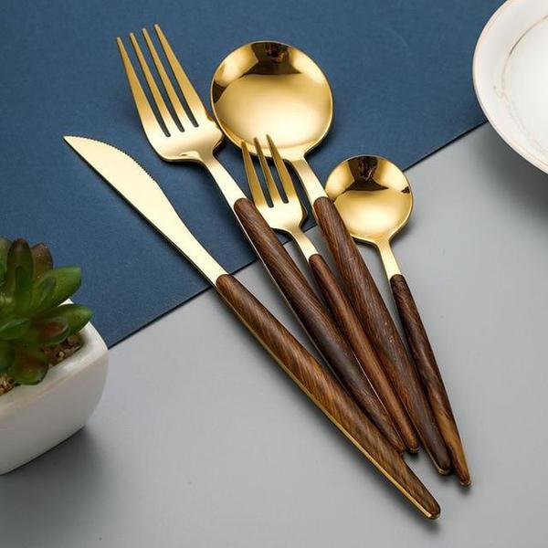 Elegant wooden dumbbell gold cutlery set for sophisticated dining | Stornfield