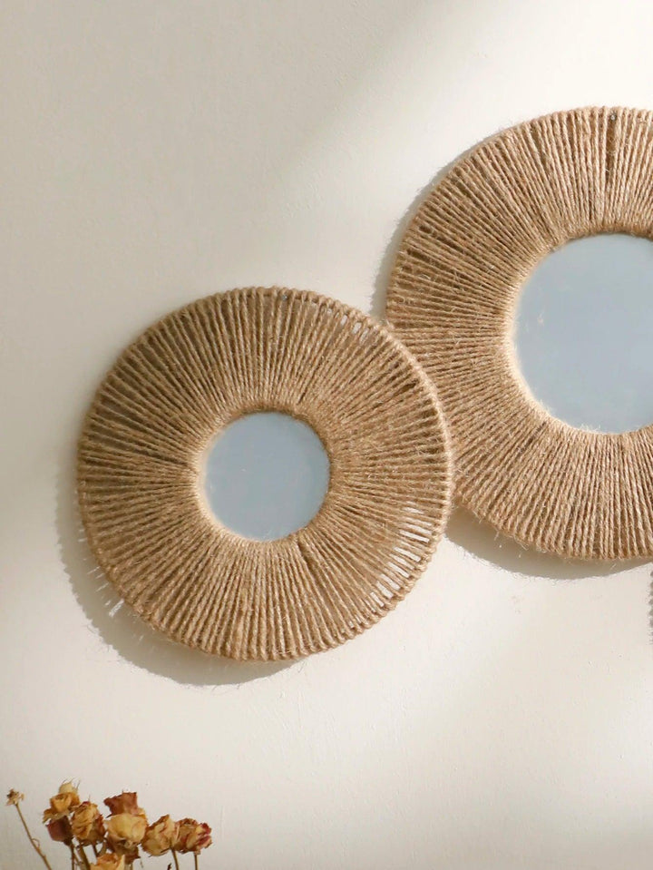 Stornfield | Round decorative boho wall mirror with woven hemp rope