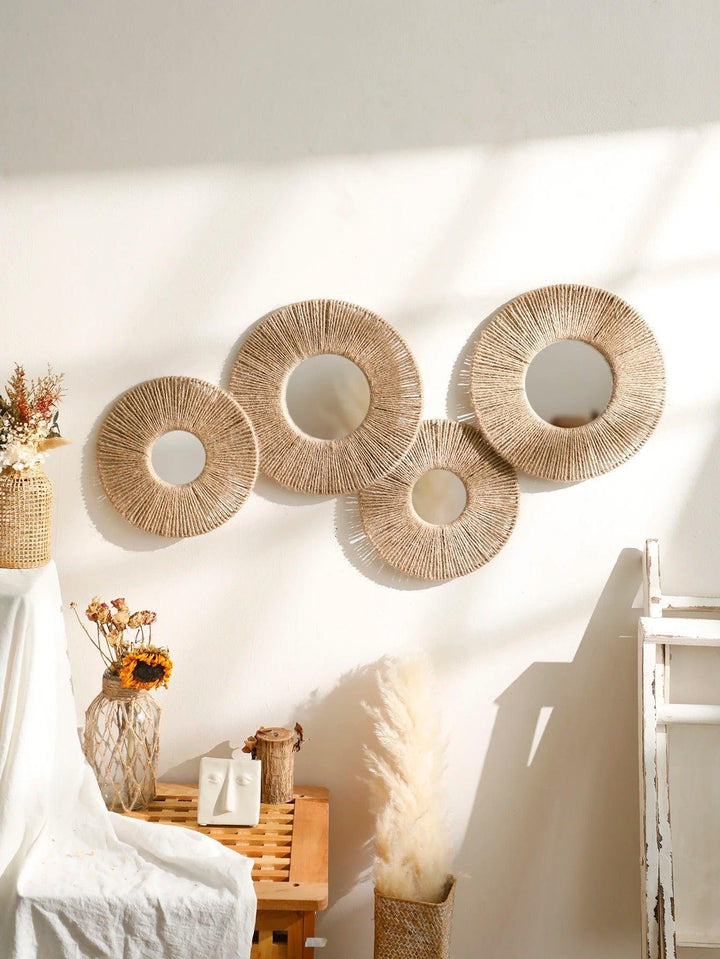 Stornfield | Round decorative boho wall mirror with woven hemp rope