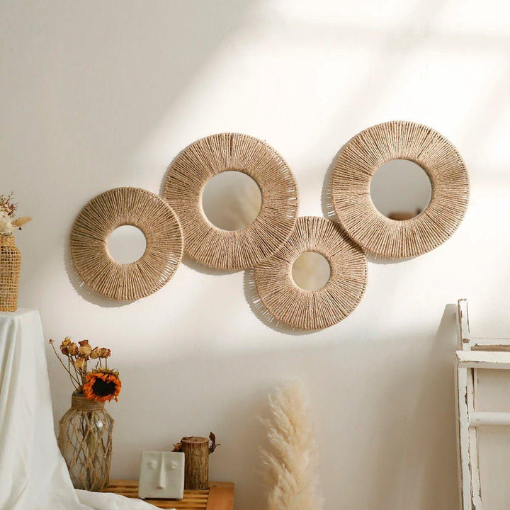 Stornfield | Round decorative boho wall mirror with woven hemp rope