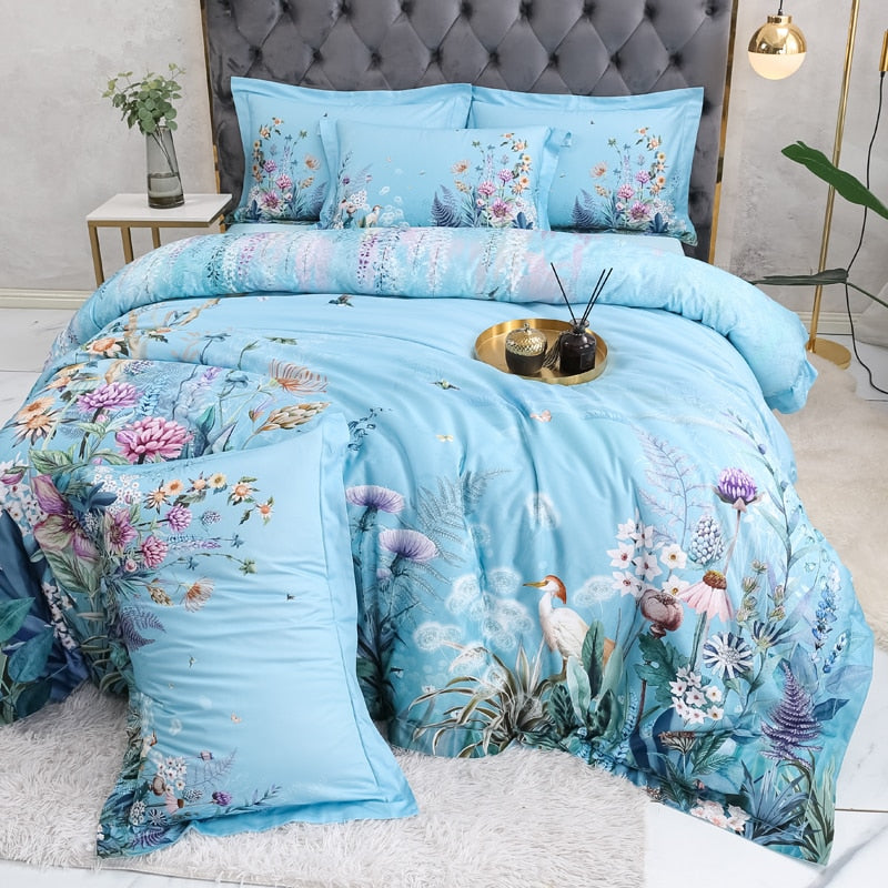 Azure Bloom Duvet Cover Set (Egyptian Cotton, 500 TC) | Stornfield
