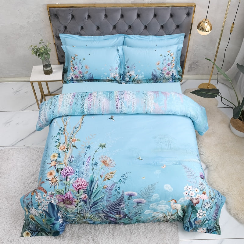 Azure Bloom Duvet Cover Set (Egyptian Cotton, 500 TC) | Stornfield
