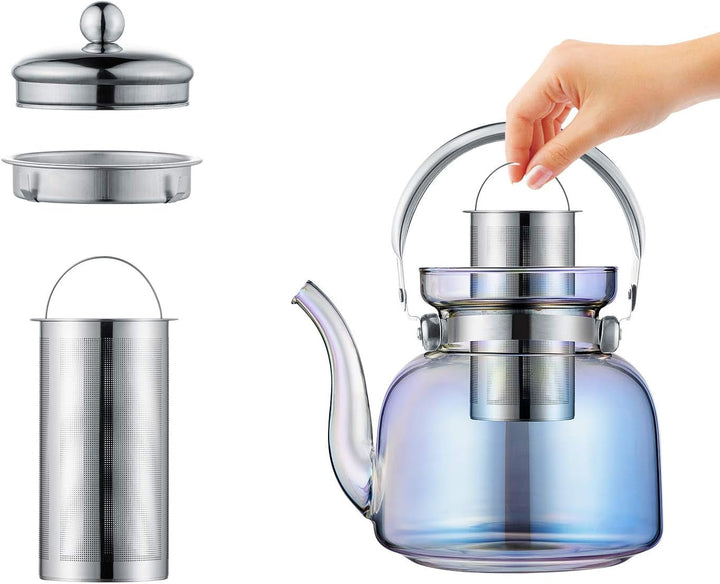 Stornfield | 50 Oz(1500ml) Glass Teapot with Lid, Removable Stainless Steel Tea Infuser and Handle, Stove Top Safe Teapot for Blooming and Loose Leaf Tea (Iridescent)