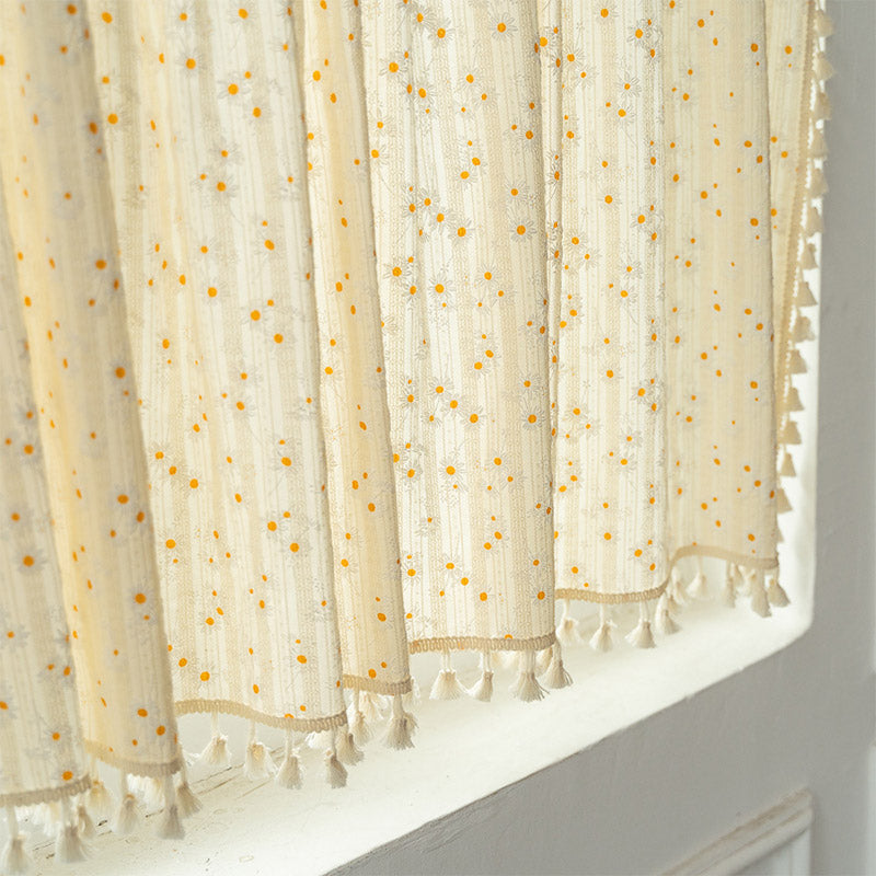 Beige Daisy Pattern Tier Curtain in Cotton Linen Fabric | Stornfield