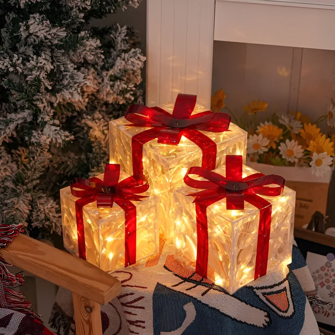 Bright gift boxes in a set of 3 – Transparent Christmas decoration with red ribbons | For indoors & outdoors | Stornfield