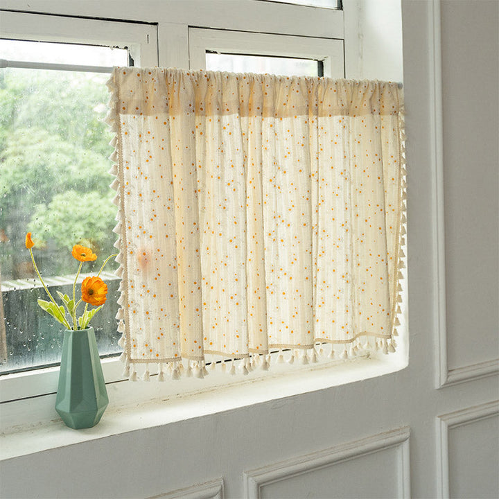 Beige Daisy Pattern Tier Curtain in Cotton Linen Fabric | Stornfield