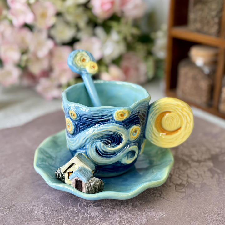 ArtSip Ceramic Mug & Saucer Set – Hand-painted 3D Design inspired by Van Gogh | Stornfield