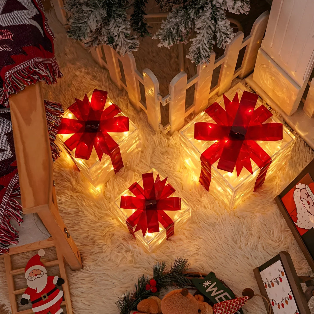 Bright gift boxes in a set of 3 – Transparent Christmas decoration with red ribbons | For indoors & outdoors | Stornfield