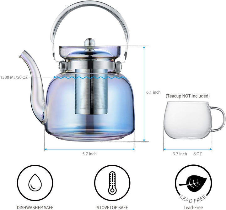 Stornfield | 50 Oz(1500ml) Glass Teapot with Lid, Removable Stainless Steel Tea Infuser and Handle, Stove Top Safe Teapot for Blooming and Loose Leaf Tea (Iridescent)