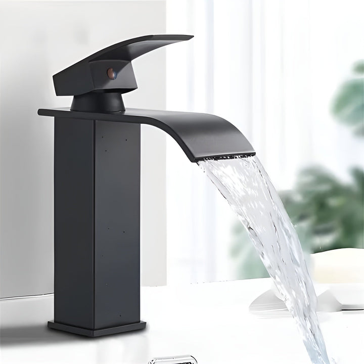 Sink faucet made of stainless steel – waterfall spout with hot and cold water | single hole mixer tap in Stornfieldack for bathroom | Stornfield