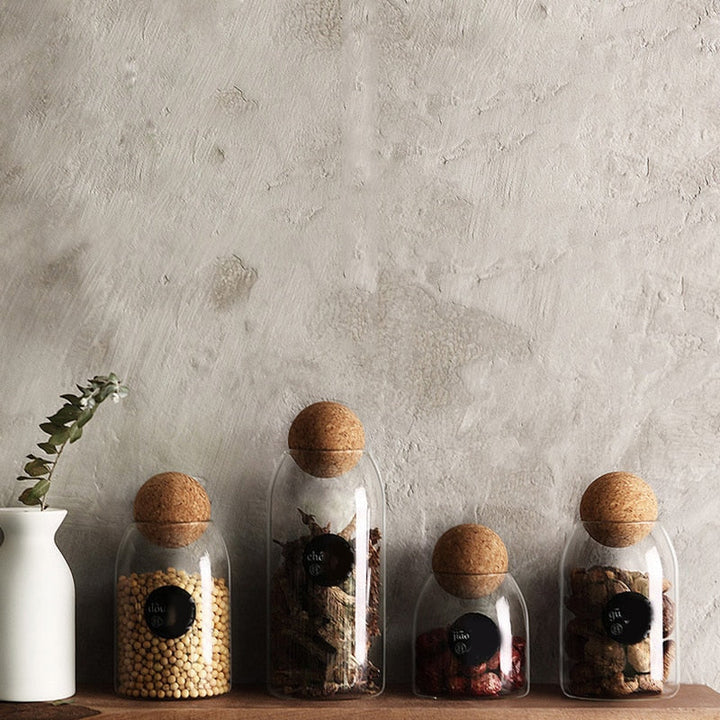 Clear Glass Bottle Kitchen Storage Jar with Cork Ball Airtight Lid | Stornfield
