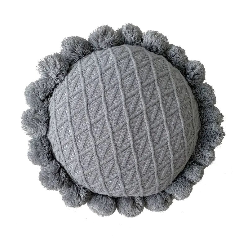Cute Pompom Tassel Round Cosy Cushion in Acrylic Knit | Stornfield