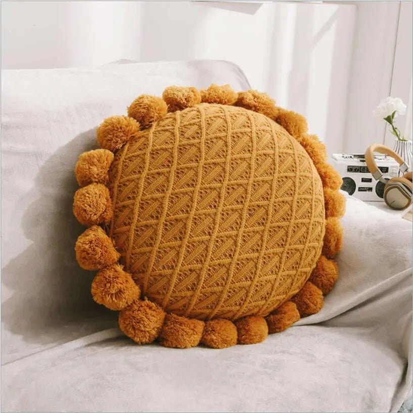 Cute Pompom Tassel Round Cosy Cushion in Acrylic Knit | Stornfield