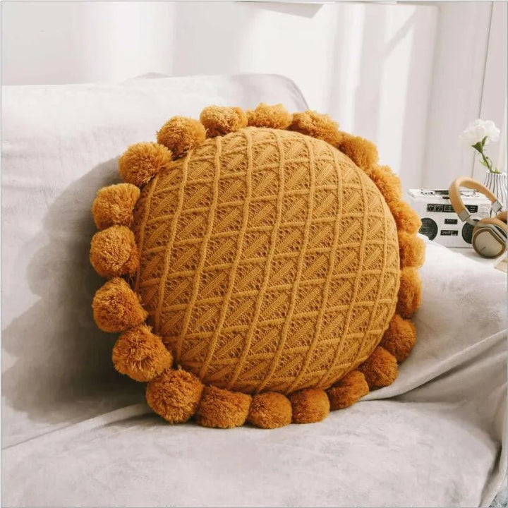 Cute Pompom Tassel Round Cosy Cushion in Acrylic Knit | Stornfield