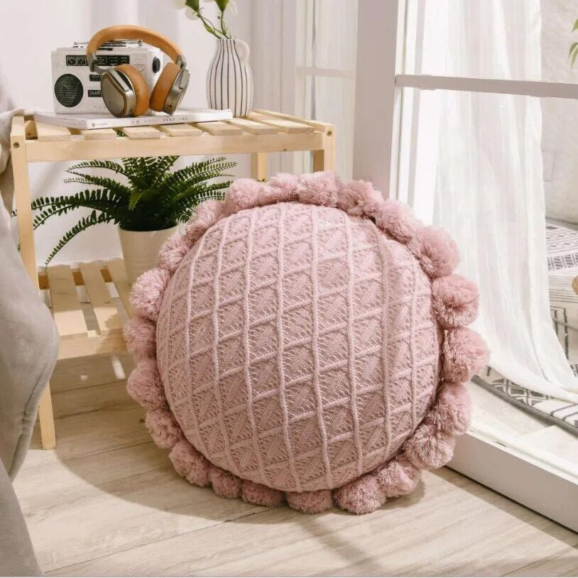 Cute Pompom Tassel Round Cosy Cushion in Acrylic Knit | Stornfield