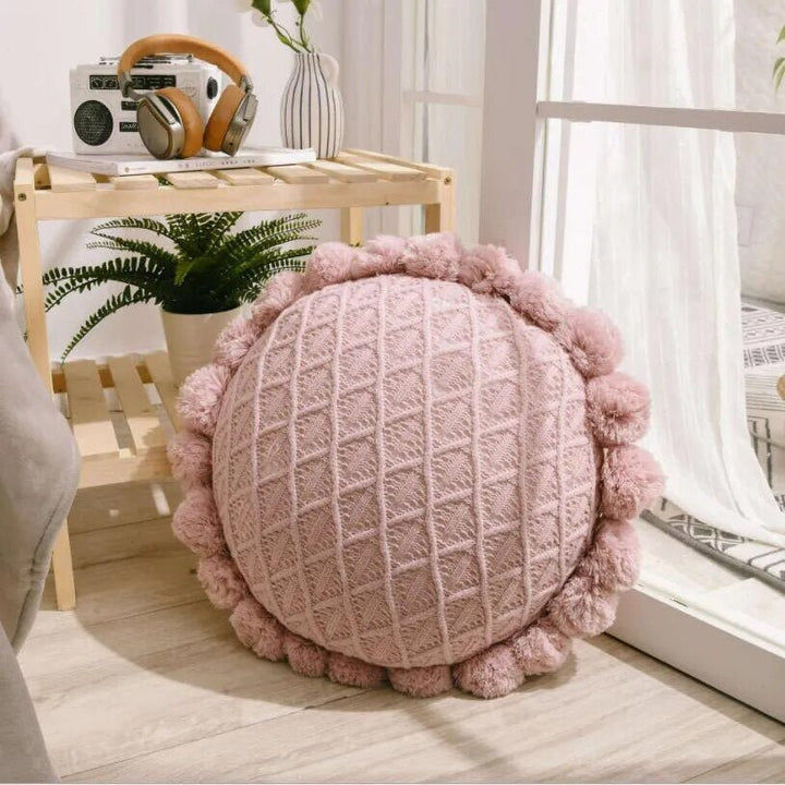 Cute Pompom Tassel Round Cosy Cushion in Acrylic Knit | Stornfield