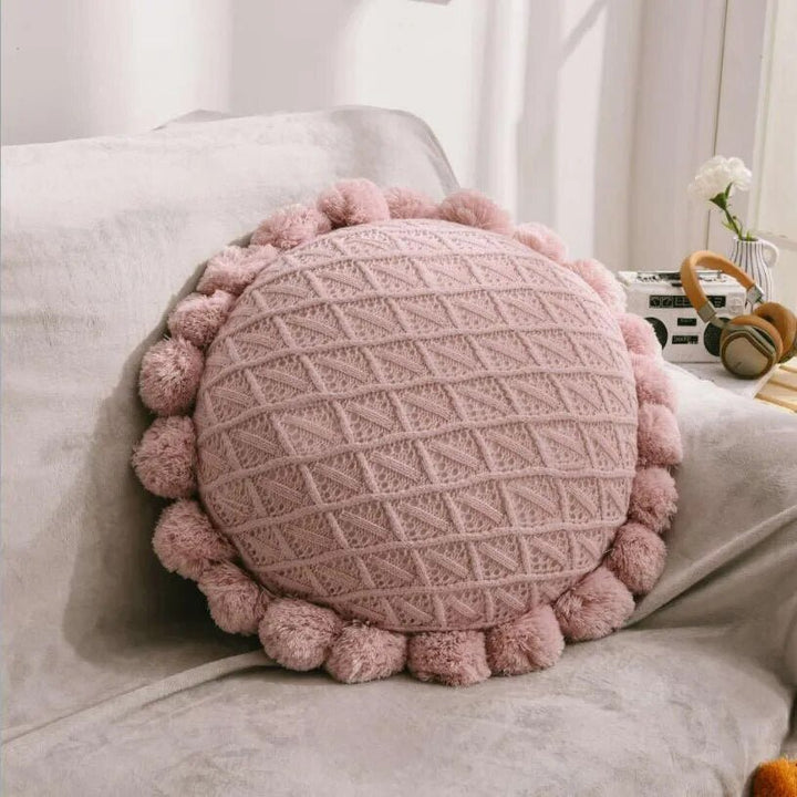 Cute Pompom Tassel Round Cosy Cushion in Acrylic Knit | Stornfield