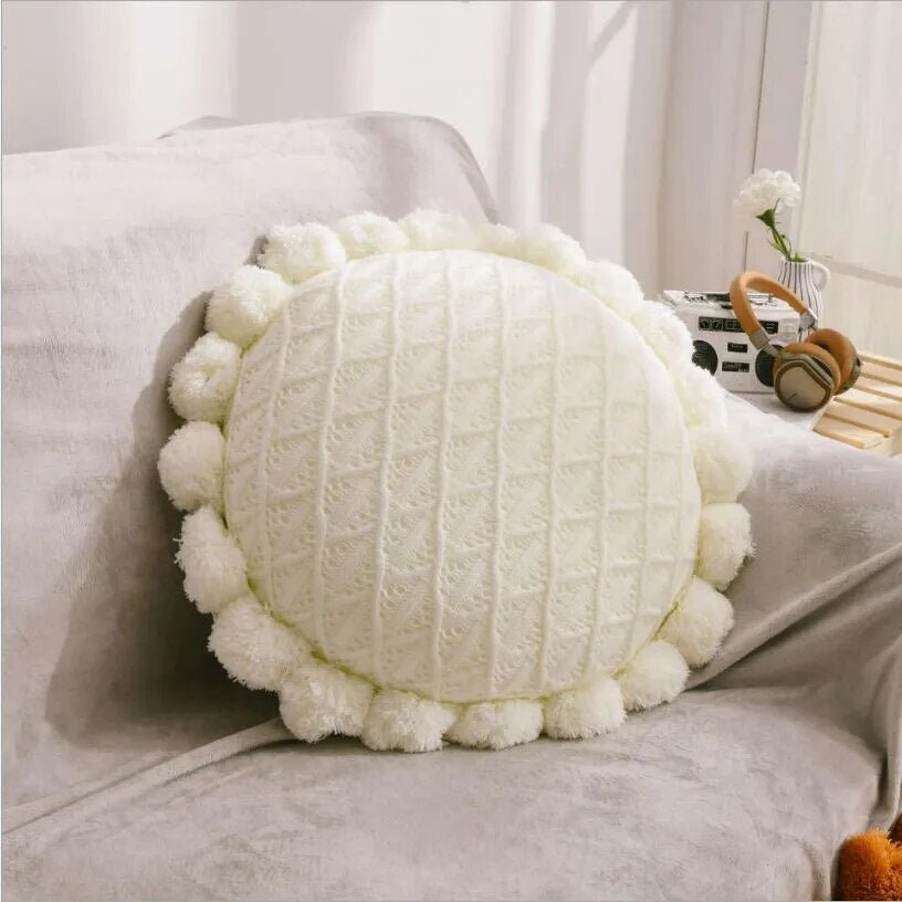 Cute Pompom Tassel Round Cosy Cushion in Acrylic Knit | Stornfield