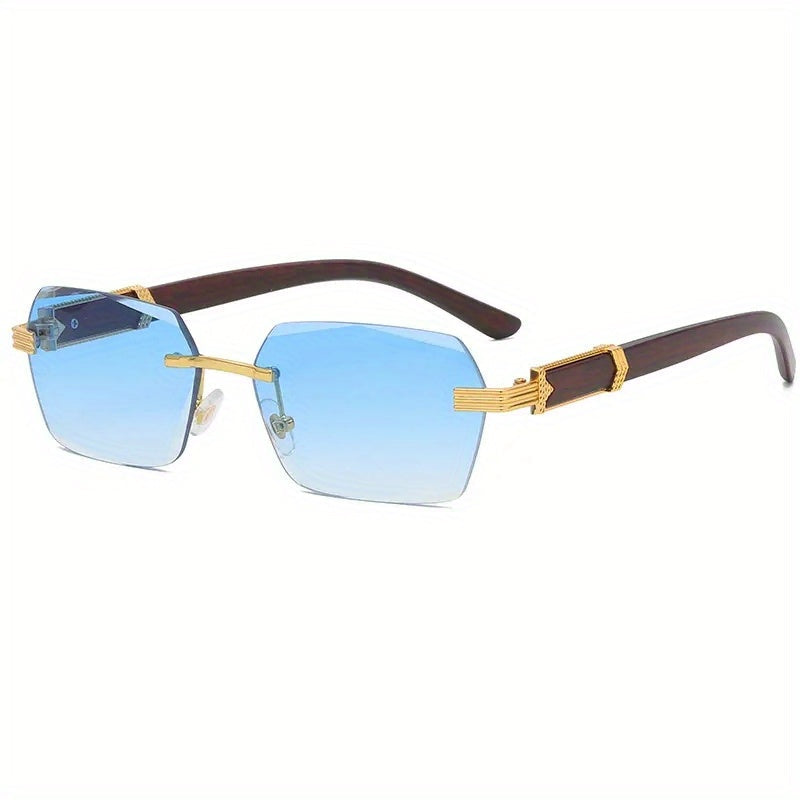 Rimless Sunglasses with Rectangular Lenses and Faux Wood Temples – Verro | Stornfield