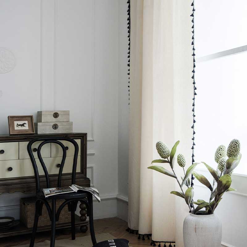 Cotton Linen Beige Curtain with Black Tassel | Stornfield