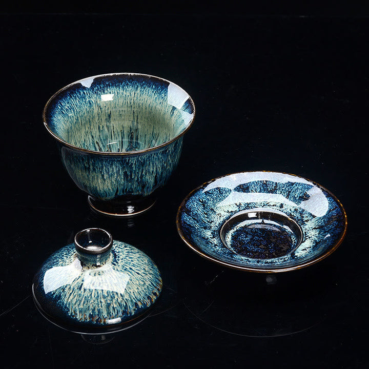 Stornfield | Vintage Sancai Ceramic Teacup with Lid and Saucer