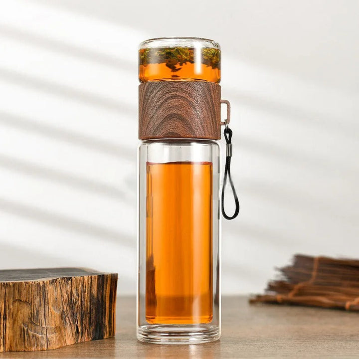 Thermal bottle with tea filter – Glass & Wood – Double-walled – 500 ml – ClearTherm | Stornfield