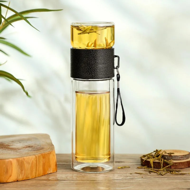 Thermal bottle with tea filter – Glass & Wood – Double-walled – 500 ml – ClearTherm | Stornfield