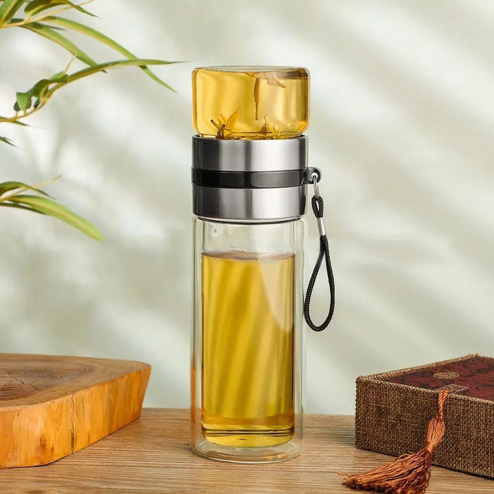 Thermal bottle with tea filter – Glass & Wood – Double-walled – 500 ml – ClearTherm | Stornfield