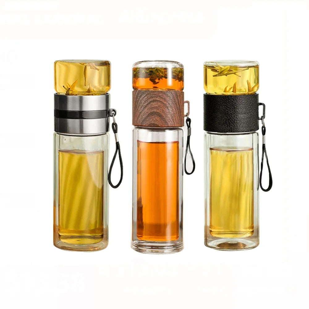Thermal bottle with tea filter – Glass & Wood – Double-walled – 500 ml – ClearTherm | Stornfield
